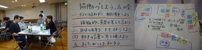 （左）長机をくっつけて参加者が向かい合い、机上の資料を見ながら意見交換している写真（真ん中）協働の「しよう」5ヶ条と書かれた資料の写真（右）大きな白い紙に文字が書かれた付箋が貼ってある写真