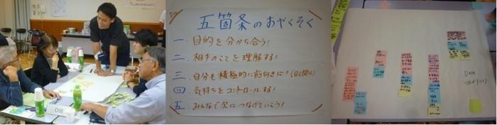 (左)グループごとに分かれ机上の資料を見ながら楽しそうに会話をしている5名の写真、(真ん中)五箇条のおやくそくと書かれた資料の写真、(右)白い大きな紙に文字が書いてある付箋が貼ってある写真