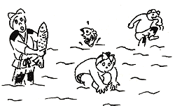 池で魚を捕まえようとする人々のイラスト
