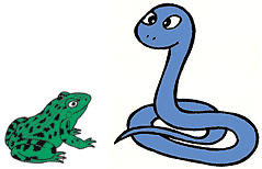カエルと大きなヘビがお互いを見ているイラスト