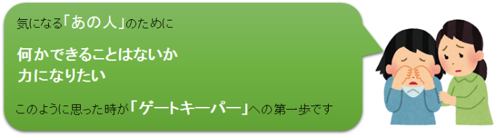 気になる「あの人」のためになにかできることはないか 力になりたい このように思った時が「ゲートキーパー」への第一歩です