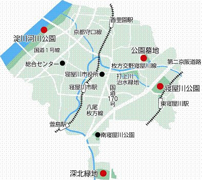 広域避難地の各避難場所を赤い点で記した地図