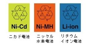 左からニカド電池、ニッケル水素電池、リチウムイオン電池の小型充電式電池マーク