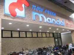 「mandai」と自転車置き場の上の外壁に書かれてある万代寝屋川店の写真