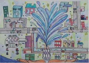 町の中を道路が走り輝いている作品