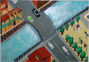 透明な川を上を走る道路と橋できれいに町が分かれている作品