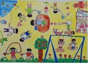 たくさんの子供たちがブランコで遊んだり縄跳びをしたり、釣りをしたりと楽しんでいる作品