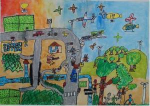 道路がの上を車が走り、空には飛行機が飛んでいる町を描いた作品