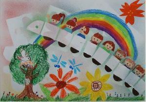 白いへびの電車に子供たちが一人ずつ乗り、虹の空を飛んでいる作品