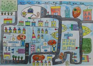 道路の横にきれいに家が並び学校があり、その道路が生き物に見えるように全体に描かれた作品
