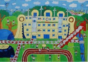 近代的な学校が描かれ、運動場には子供たちが走り回っている作品