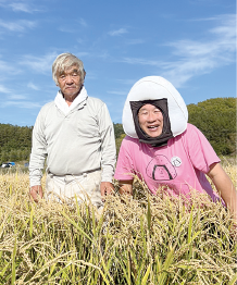 田んぼの刈り取りを視察する米田さん(右)