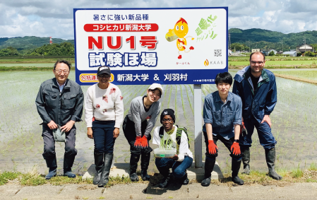 学生や海外留学生たちと 実証栽培の田んぼを訪れた三ツ井さん(左端)