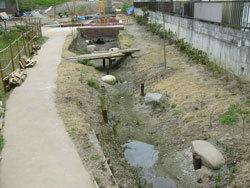 遊歩道の小川に設置された大きな岩が点在している写真
