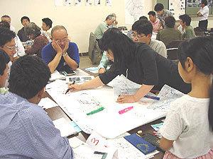 机に模造紙を広げ、書く内容を検討している参加者の写真