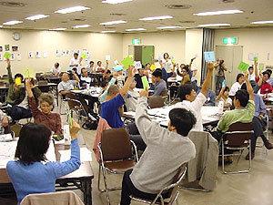 手に持った紙を上に掲げてアンケートをとっている参加者の写真