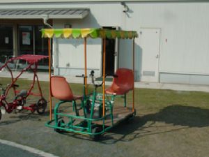 座席が向かい合わせになっており、屋根が付いている幌付ミニベンチ(2人乗り)の写真
