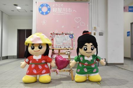 記念撮影用のピンク色の背景と、はちかづきちゃんとねや丸くんのぬいぐるみの写真