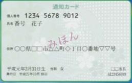 マイナンバーの通知カードの見本の写真