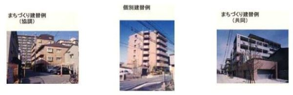 左:まちづくり建替例(協調)の建物の写真、中央:個別建替例の建物の写真、右:まちづくり建替例(共同)の建物の写真