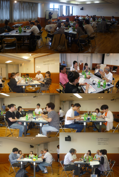 6組のテーブルに分かれて、グループワークをしている全体の写真と各グループごとの写真