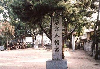 「若宮八幡宮」と文字の刻まれた石碑の後ろに松の木があり、奥に神社が見えている写真