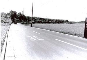 道路の両脇に田んぼが隣接している白黒写真