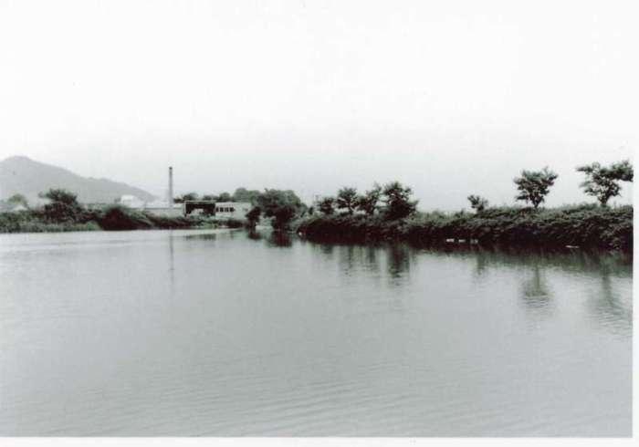 左奥に山が見え池を囲むように木々が植えられ、水面にさざ波がたっている蔵王池の昔の白黒写真