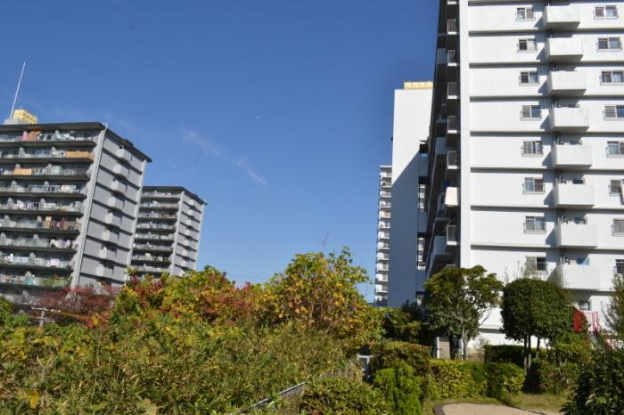 マンション群の間に樹木が生い茂っている東寝屋川駅前の今の写真