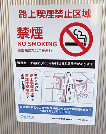路上喫煙禁止区域の地図が書かれた看板の写真
