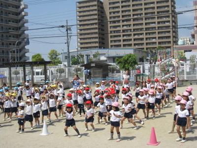 園庭で整列して体操をする子供たちの写真