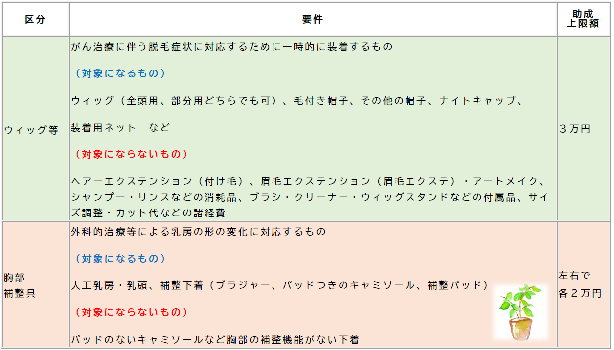 助成対象とその要件です。ウィッグは最大3万円、胸部補整具は最大2万円の助成です。くわしくは電話でお問い合わせください。