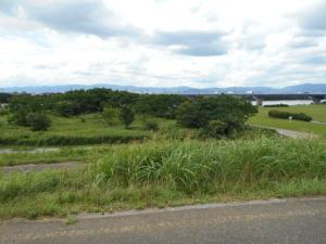 堤防の道から広々とした河川公園を撮影した写真