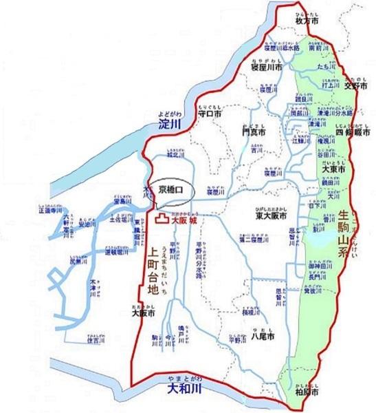 寝屋川流域協議会の対象地域をを赤い枠で囲った地図