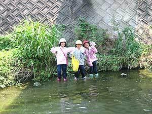 川の中にはいり笑顔の女の子3人の写真