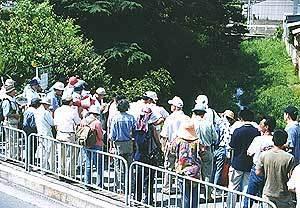 第10水路合流点付近で橋の上から川を見下ろしている参加者の写真