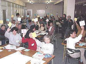 グループごとに座っているワークショップの参加者が、それぞれ色の違う紙を手に持ち上げている写真