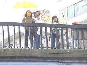 橋上からEボートを漕いでいる参加者たちを傘をさして見物する人たちの写真