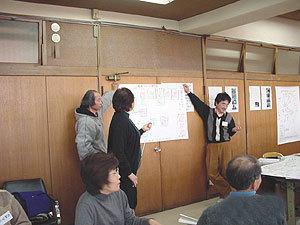 会議室の扉に大きな模造紙が貼られ、3名の参加者が発表を行っている様子の写真