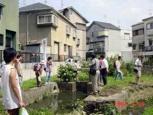 昔使用されていた茨田の樋跡を見学している参加者がおり、周囲には住宅が密集している写真