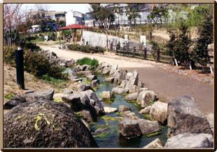 歩道の横に小川の水が流れている成田公園の写真