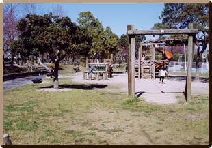 公園敷地内に木で作られた遊具や休憩する椅子やテーブルが設置してある写真