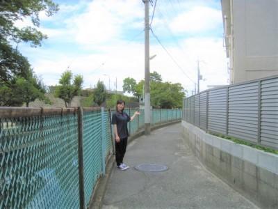 左側に金網のフェンス、右側にもフェンスのある道幅の狭い道路に立っている女性の写真