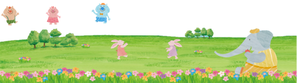 花や緑の草原が広がる中にゾウやウサギなどの動物が描かれているイラスト