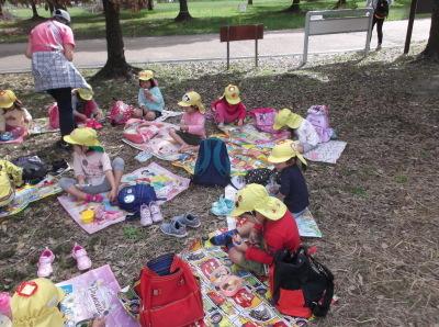 公園にレジャーシートを敷いてお弁当を食べている黄色い帽子の子供たちの写真