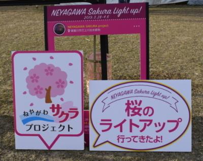 撮影用インスタボードが置かれ、「ねやがわさくらプロジェクト」「さくらのライトアップ行ってきたよ」と吹き出しに描かれたプレートが立て掛けられている写真