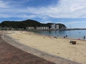 綺麗な海と砂浜が広がっており、海水浴を楽しんでいる人達と遠くには小島が写っているすさみ海水浴場の写真