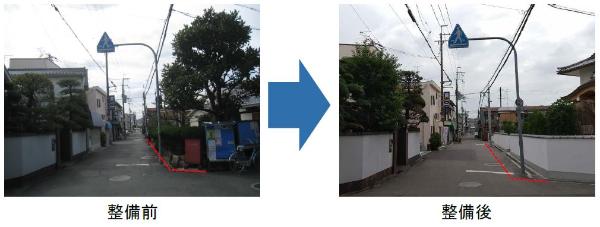主要生活道路整備事例(萱島東地区) 左：整備前の道路の写真、右：整備後の道路の写真