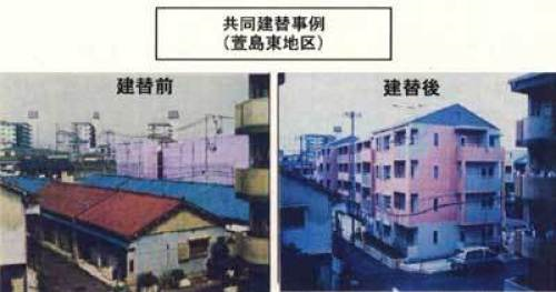 共同建替事例(萱島東地区)左：建替前の写真、右：建替後の写真