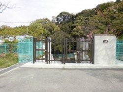 緑のフェンスと、閉まっている黒いゲートの奥に写る木々の写真